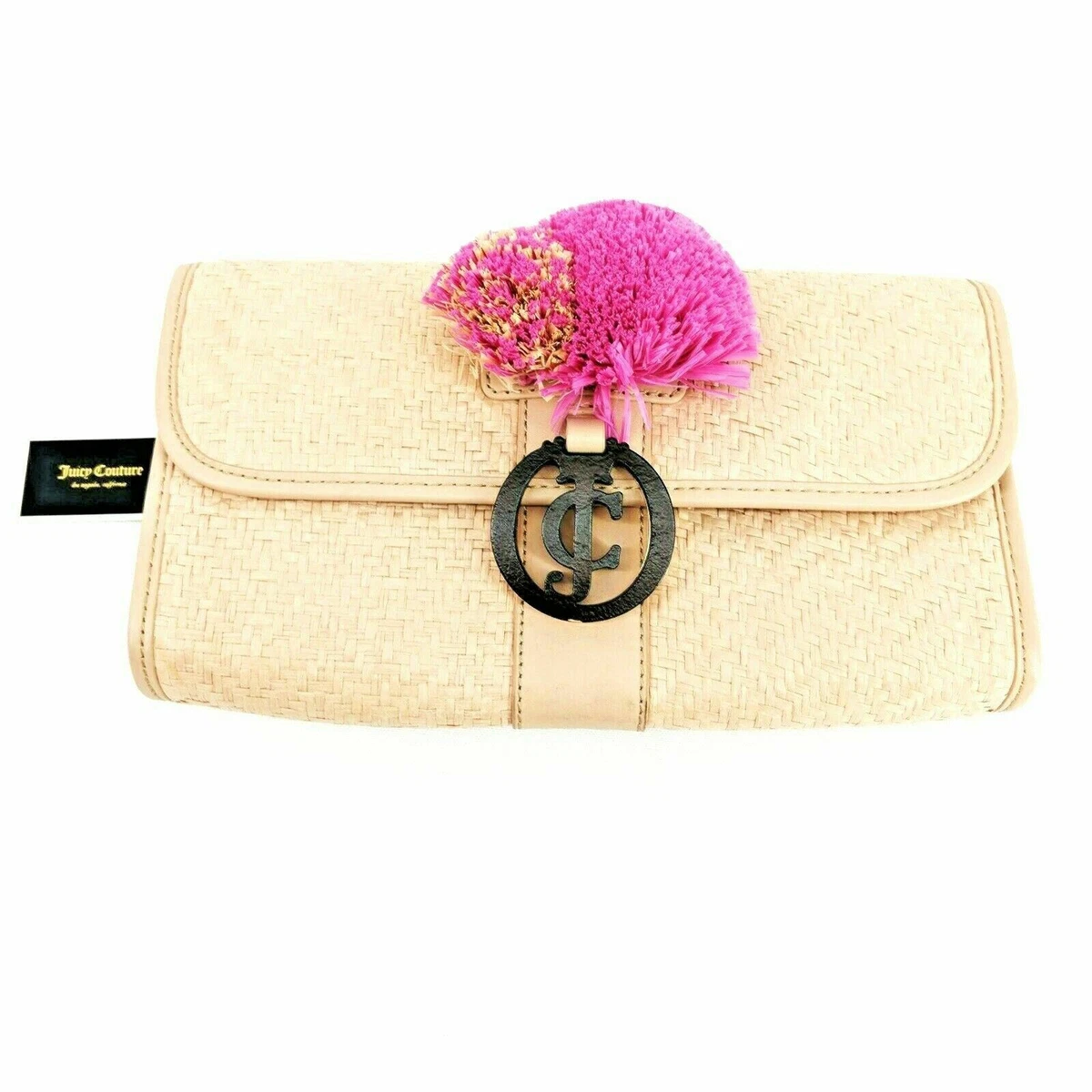 Straw clutch outlet with pom poms