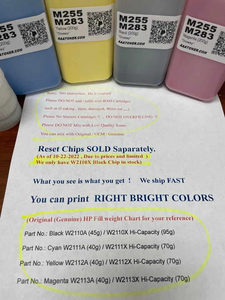 (200g x 4) Toner Refill for HP Color Pro M255, M283 (W2110 A/X ~ W2113 A/X) - Image 2 of 4