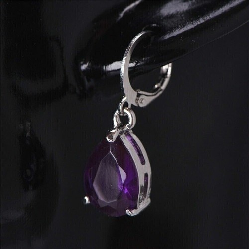 Pear Cut Simulated Amethyst Pretty Drop Dangle Earrings In 14k White Gold Plated - Picture 3 of 5