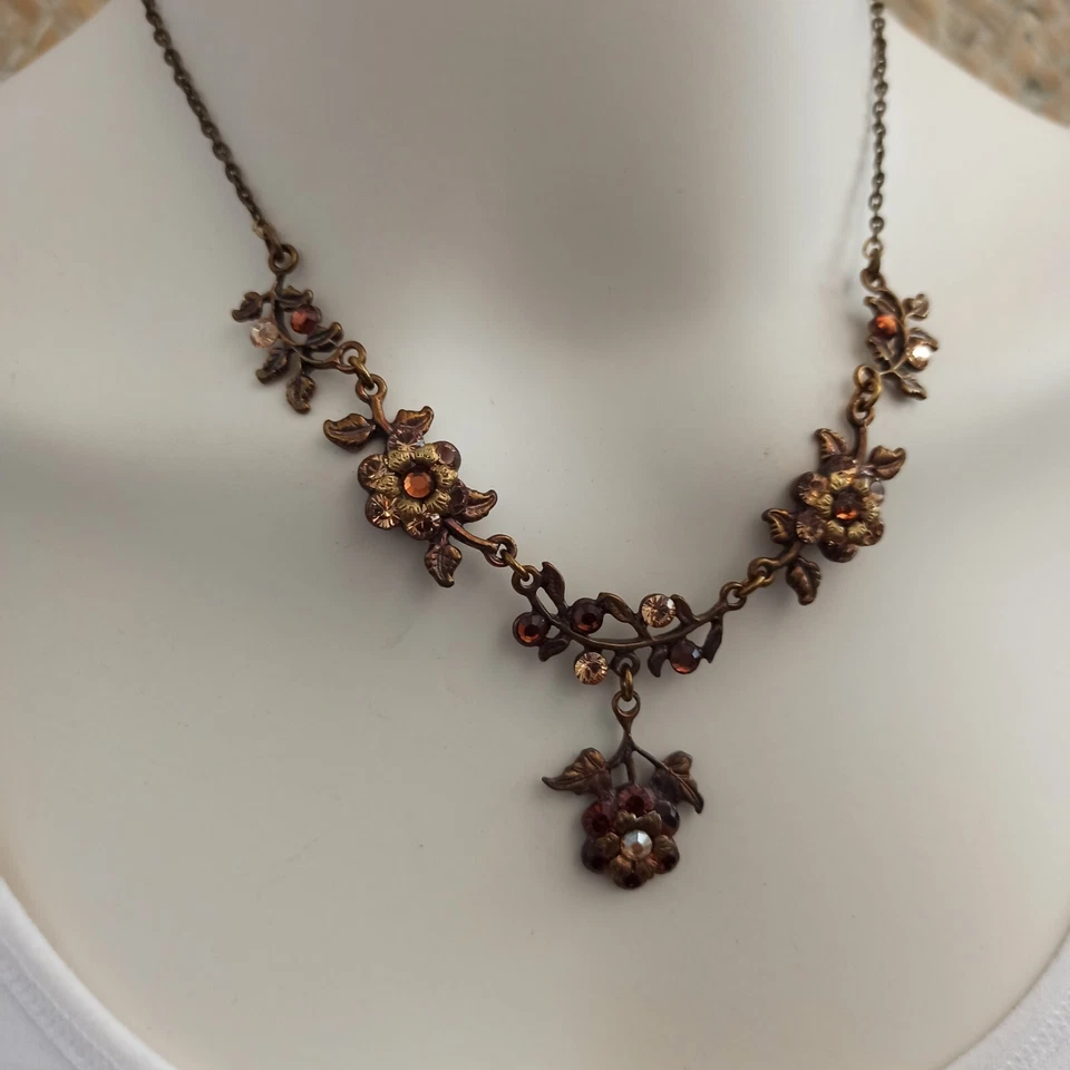 Collar Michal Negrin Rosas Marrones Cristales Gota en Y Romántico Cóctel Retro De Colección Foto 2 de 4