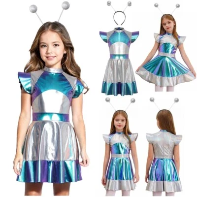 INHZOY DE Mädchen Alien Kleid Kleid Astronaut Kostüm Metallic Tanzkleid Karneval Kleid