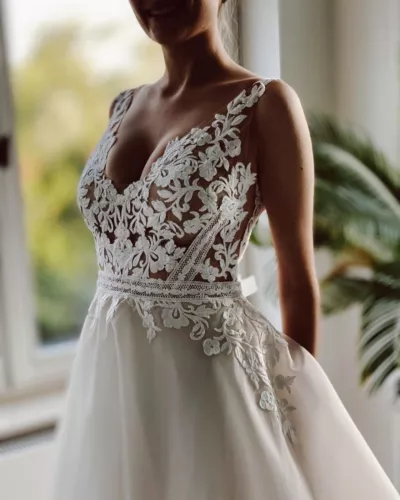 Boho Chiffon Brautkleid Hochzeitskleid Illusion Spitze Korsage m.Träger Summer - Bild 4 von 8