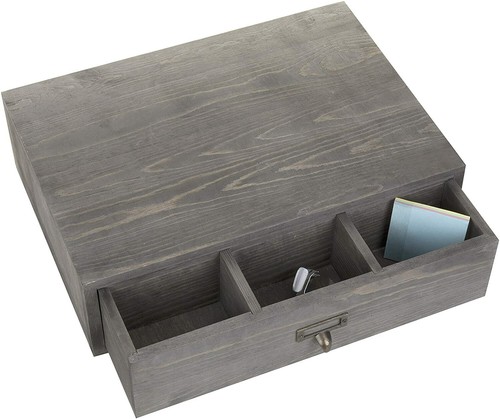 Rustic Grey Wooden Desktop Monitor Stand w/ Pull Out Storage Drawer & Label - Picture 4 of 6