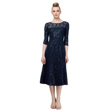 Women's Sequin Lace Fit and Flare Dress Dress, Navy lace, 8