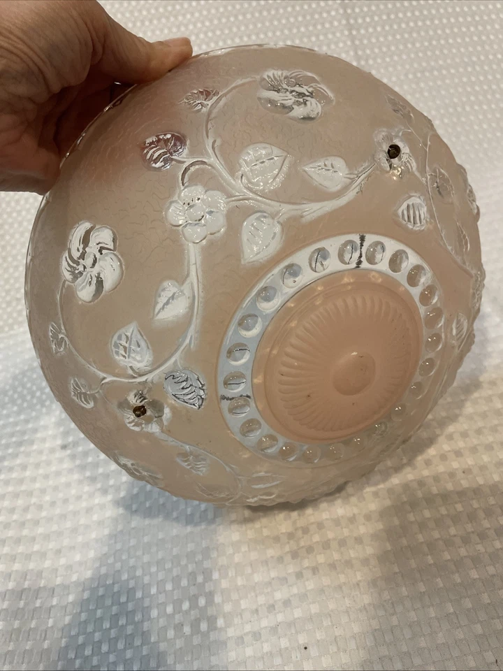 Vtg Ceiling Light Shade Glass Globe Frost Pink Clear 3 Hole W/Porcelain Fixture - Image 4 of 4