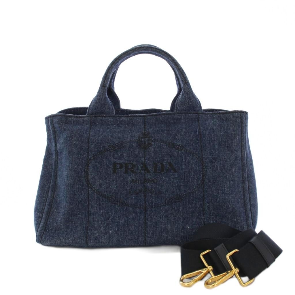 PRADA Canapa Denim Handbag Tote Bag Shoulder Bag 2WAY Blue 1BG642 KH OH Ladies f