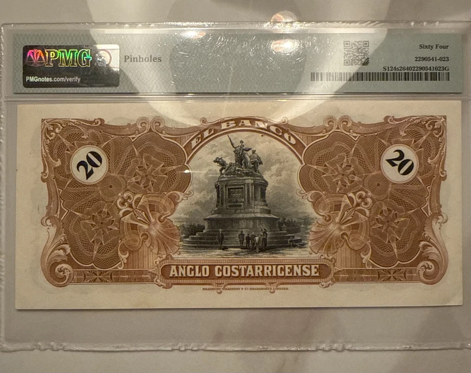 TOP POP Costa Rica 20 Colones ND 1909–17 Espécimen PMG 64 BWC Londres Elección UNC Foto 2 de 4
