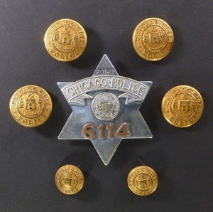 OBSOLETE retirement BADGE w BUTTONS c 1920 vintage CHICAGO POLICE collectible 