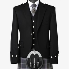 New Scottish Mens Black Argyle Kilt Jacket With Vest Wool Wedding Argyle Jacket