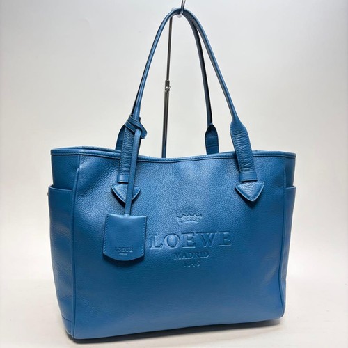 LOEWE Heritage Tote Bag Blue Genuine Leather Rare Authentic Vintage