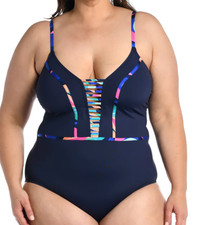 La Blanca Women's Painted Leaves Plunge One Piece Swimsuit Plus Size 16W NWT