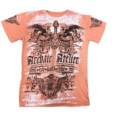 Archaic by Affliction Mens T-Shirt L Orange Parallel Wings Sword Cross Biker Y2K