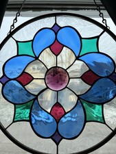 Stained Glass Leaded 11” Round Handmade Window Panel Textured Brass Sun Catcher