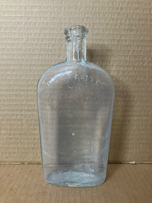 Vintage Warranted Flask Clear Bottle w/Side Straps, 8" Height, 12.86 oz