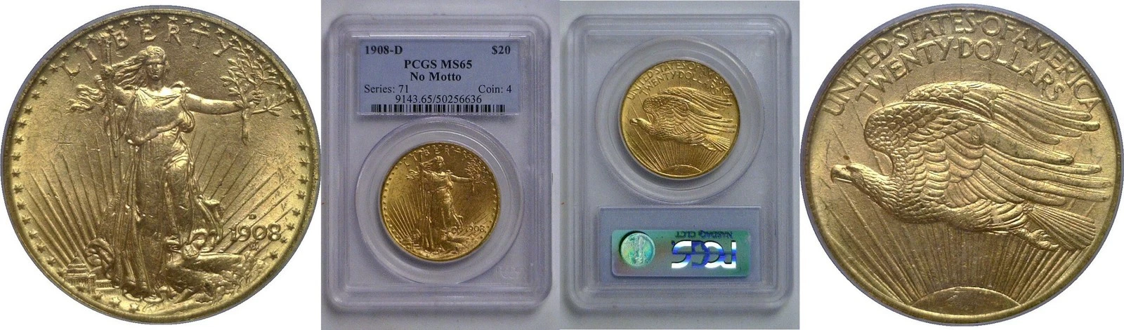 1908-D No Motto   $20 St. Gaudens   PCGS MS-65