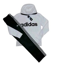 Adidas Youth Large White/Black Hoodie Athletic Pants Outfit NEW