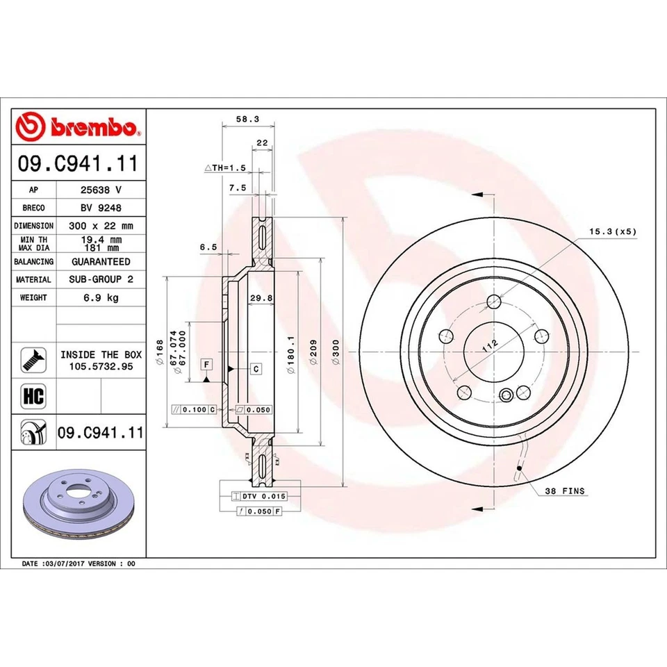Rotor de freno de disco Brembo 09.C941.11 para 03-13 Mercedes-Benz S350 SL500 Foto 3 de 4