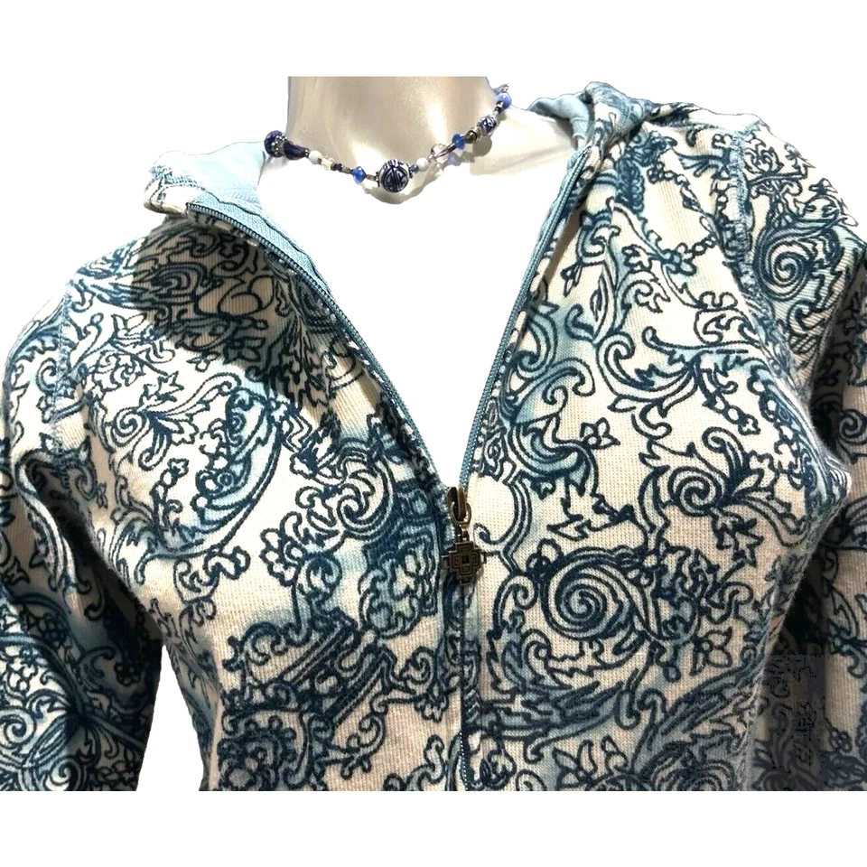 Chaqueta de algodón con capucha y cremallera completa azul y blanco Oleg Cassini para mujer talla pequeña 4 6 Foto 2 de 4