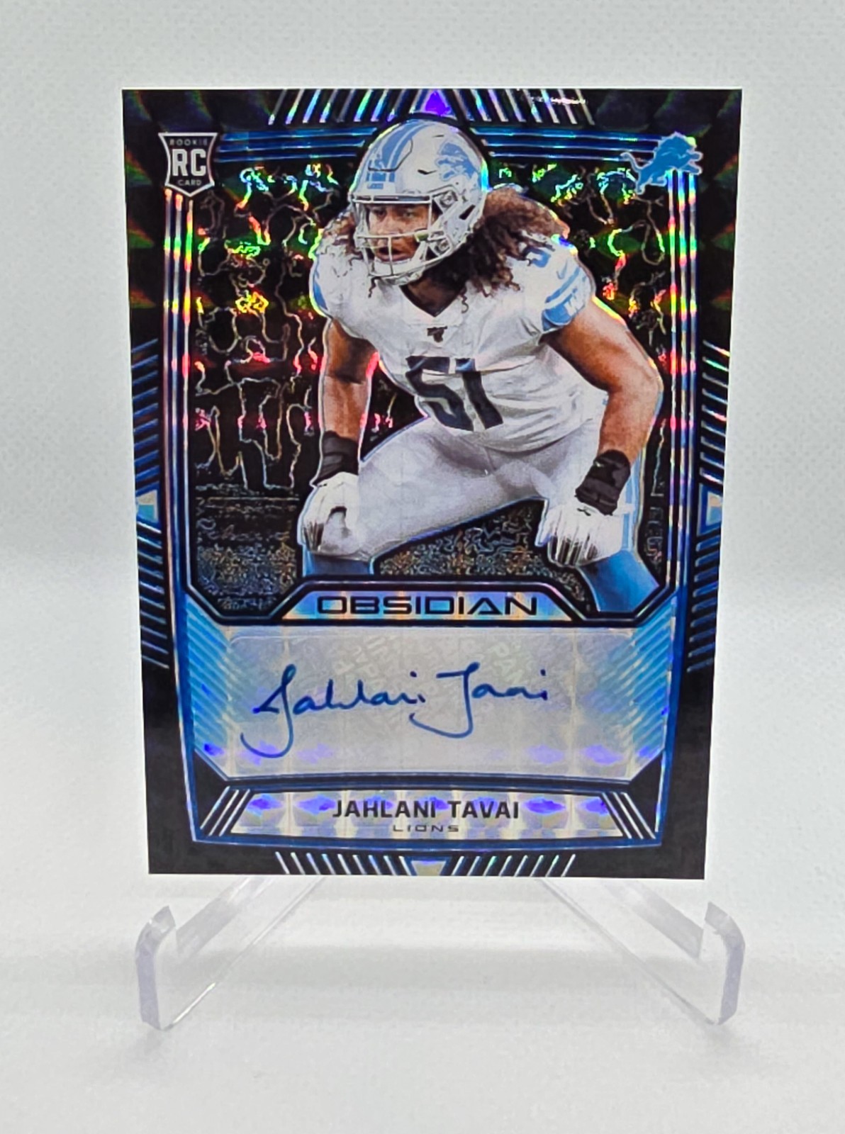 Jahlani Tavai Panini Obsidian Rookie Autos #JTA Electric Etch Blue Finite 1/1