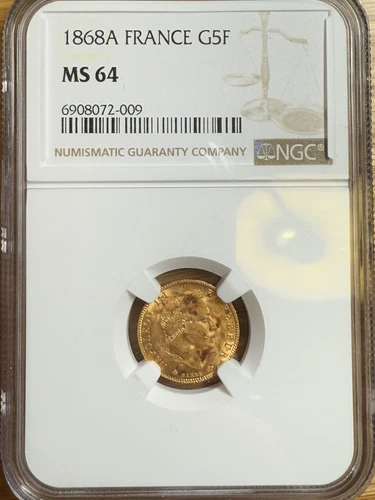 1868-A France Napoleon III Gold 5 Francs, NGC MS-64 Toned