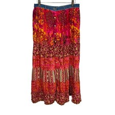 Vintage 90s Red Multi Print Button Up Full Length Skirt 12