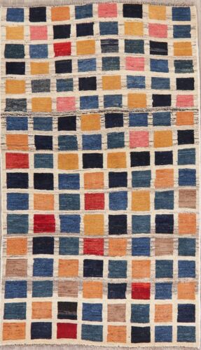 Vintage Gabbeh Rug 3x5 ft. Checked Modern Oriental Wool Hand-Knotted Area Rug
