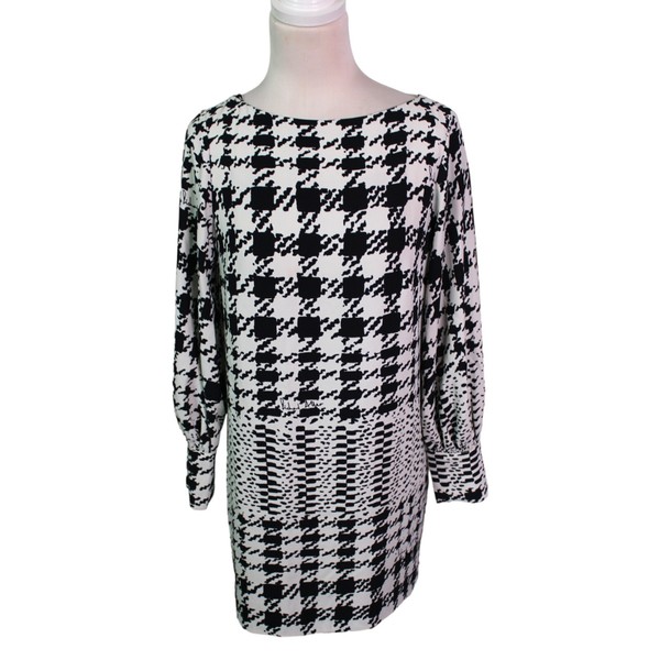 Richard Allan x H&M Shift Dress Size UK 10P Black White Houndstooth Long Sleeve