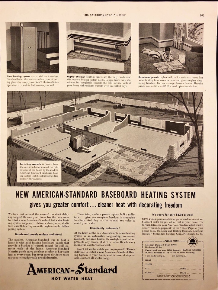 1955 American Standard Hot Water Heat Vintage Print Ad Baseboard