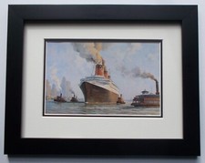 FRAMED SHIPPING PRINT  NORMANDIE ON THE HUDSON INTO MANHATTON