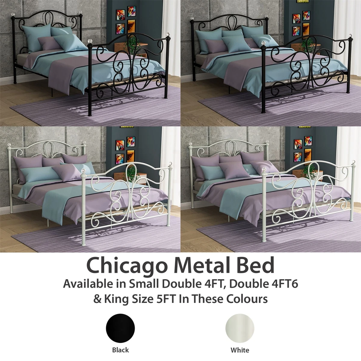 Metal Bed Double King Size Frame 4FT 4FT6 5FT Mattress Black White