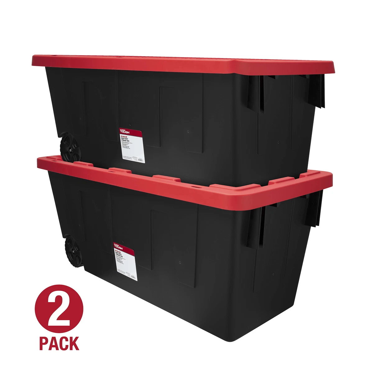 Hyper Tough 12 Gallon Snap Lid Stackable Plastic Storage Bin Container, Black with Red Lid