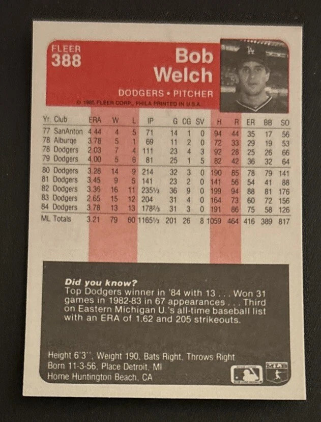 1985 Fleer Bob Welch Baseball Card #388 Dodgers Pitcher VG O/C - Image 2 of 2