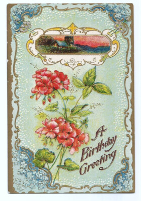 Birthday Postcard Greeting Flowers Floral Scenic  Embossed c1910