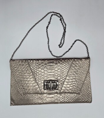 MMS Metallic Snakeskin Embossed Clutch Evening Bag Gunmetal Chain Strap