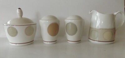 Noritake Mocha Java Salt n' Pepper Shakers + Creamer & Sugar Bowl W Lid Ambience