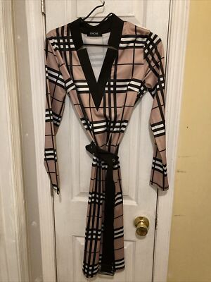 chic me shirt dress Chicme Women's Plaid Belted Shirt Dress Long Sleeve Multicolored Pullover  V-Neck