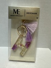 "H" Monogram Keychain With Purple Tassels Flowers By Modern Expressions. New