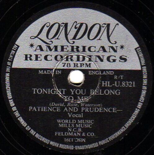 Teen Vocals Patience & Prudenza 78 Tonight You Belong To Me UK London Hl 8321 V+ - Photo 1/1