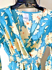 Raga Long Maxi Dress Blue White Printed Daisy Floral Long Sleeve Xtra Small XS