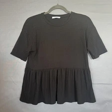 Zara Trafaluc Shirt Womens Small Black Peplum Short Sleeve Babydoll Textured