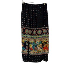 Vtg Sharon Young Midi Skirt 90s Novelty Border Print Polka Dot Black Rayon 10