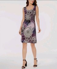 Y2K R&M Richards Women's Purple-Printed Sleeveless Crew-Neck Sheath Dress SZ 18