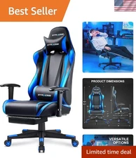 Faux Leather Gaming Chair with Recline & Adjustable Footrest - Deep Blue