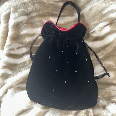 Victorias Secret Satchel Handbag Black Velvet with Rhinestones Drawstring Close