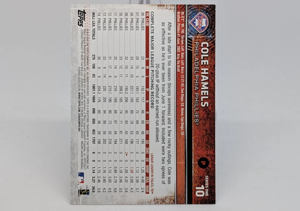 2015 Topps Mini Black 10/10 Cole Hamels #10 Philadelphia Phillies World Series - Image 2 of 2