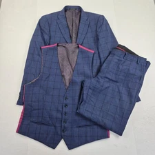 TED BAKER Suit 42R Trousers W37 L31 Blue Mens Waistcoat Wool Check 3 Piece
