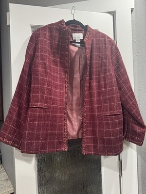 Susan Graver Burgundy Plaid Blazer Jacket 2X Plus Size Lined Trim Detail