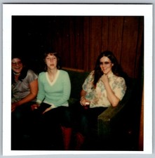 Vtg Polaroid Snapshot Photo Three Women Couch Drinks Red Boots Wood Panel