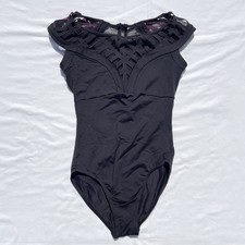 Mirella Lazer Cut Out Cap Sleeve Leotard Womens Small Black Purple Dance