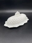 Vintage Fenton Hobnail White Milk Glass Oval Butter Dish With Crown Top Lid